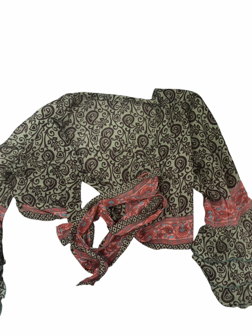 Source Unknown Olive Paisley Tie-Front Crop Top with Coral Accents